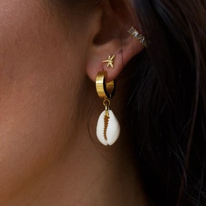 Ocean Hum Cowrie Hoop Earrings, Natural Shell Gold Huggies, Small Dangle Earrings, Beach Ocean Summer Bohemian Jewelry, Gift for Her Woman