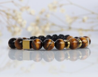 Tiger's Eye and Hematite Woman Beaded Bracelet, High Quality Protection Will Power Gemstone, Anniversary Gift for Her Wife Girlfriend