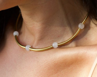 Halo necklace, White Jade Gold Tubes Choker Necklace, Bohemian Statement Wedding Jewelry, Gift for Her Woman Birthday, Layering Boho Style