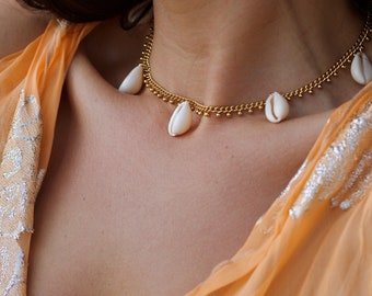 Ocean Gold Necklace,Oriental Bead Ball Chain, Cowrie Shell Starfish Charm, Beach Boho Summer Jewelry Accessories, Perfect Gift for Her Woman