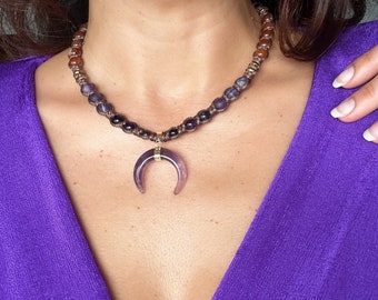 Mokosh Amethyst Moon handmade macrame necklace, Modern Bohemian Jewelry, Boho Chic Style, Goddess Vibes, Anniversary Gift for Woman Wife