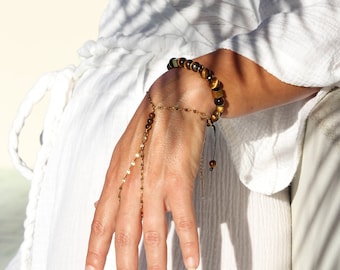 Tiger&#39;s Eye Hand Chain Bracelet | Solar Plexus Chakra Gemstone | Divine Feminine Gift | Goddess Hand Jewelry | Anniversary Birthday Present