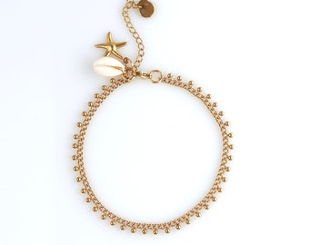 Ocean Gold Anklet, Oriental Bead Ball chain, Cowrie Shell Starfish Charm, Beach Boho Summer Jewelry Accessories, Perfect Gift for Her Woman