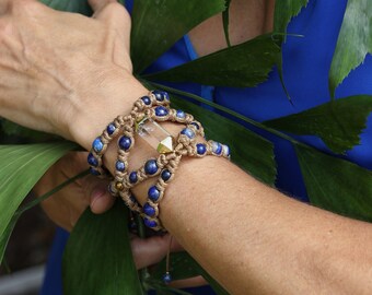 Macrame Cuff Bracelet: Lapis Lazuli, Crystal Quartz, Goddess Jewelry