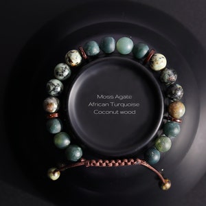 Moss Agate African Turquoise Men&#39;s Bracelet | Natural Abundance Stone | Divine Masculine Gift | Yoga Mala Heart Chakra | Anniversary Present