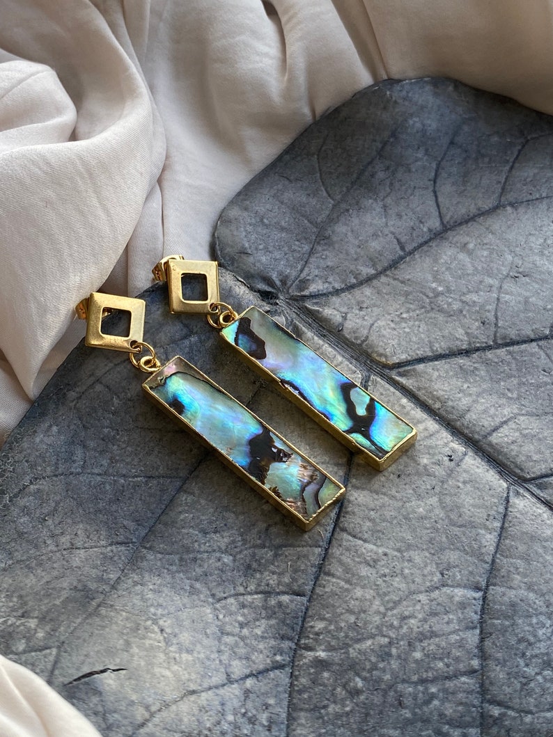 Abalone Rectangular Drop Earrings, Colorful Vibrant Jewelry, Date Night Out, Birthday Party Wedding Earrings, Shell Jewelry for Her Birthday, boho hippie dream jewelry, boho chic, everyday earrings, vacation beach earrings, natural shell gold earring