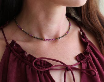 Violeta Ruby Necklace, Minimal Ruby Beaded Necklace, Dainty Layering Necklace,  Seed Bead Necklace, Terra Rosa