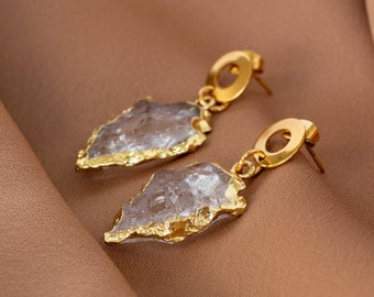 Arrowhead Quartz Dangle Earrings, Raw Crystal 24k gold, Hypoallergenic Jewelry, Bridal Wedding Earrings Gift for Woman,