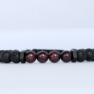 Lavastein Armband: Roter Granat, Onyx & Türkis Perlen Mala