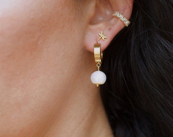 Iridescence Earrings, Small Hoop Pearl Drop Huggies, Elegant Feminine Everyday Jewelry, Perfect Gift for Her Woman, Birthday Anniversary