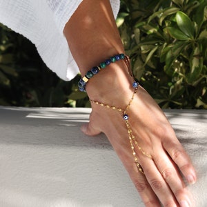Pulsera de cadena de mano de mal de ojo / Talismán de protección / Regalo femenino divino / Joyería de mano de diosa / Regalo de cumpleaños de aniversario
