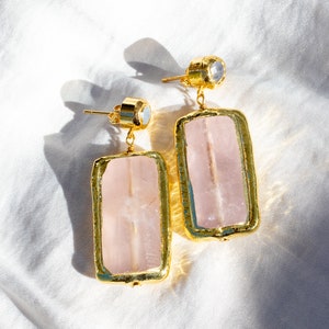 Rose Quartz Rectangular Earrings, Love Gemstone Romantic gift for Girlfriend, Anniversary present Wife, Feminine Energy Heart Chakra Healing, Boho Wedding Jewelry, Bohemian style, self love care, bff gift idea, date night outfit, post partum gift