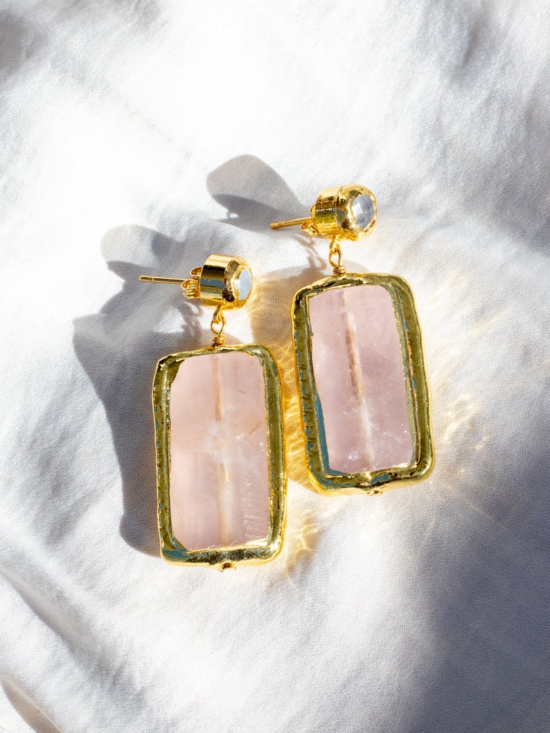 Rose Quartz Rectangular Earrings, Love Gemstone Romantic gift for Girlfriend, Anniversary present Wife, Feminine Energy Heart Chakra Healing, Boho Wedding Jewelry, Bohemian style, self love care, bff gift idea, date night outfit, post partum gift