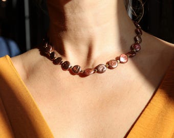 Via Rosa Coin Pearl Necklace, Dusty Rose Brown Iridescent Freshwater Pearls, Terra Rosa
