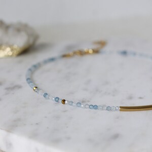 Aquamarine Small Beaded Necklace, Emotional Clarity Spiritual High Quality Gemstone, Romantic Elegant Jewelry Gift for Her, Layering Jewelry