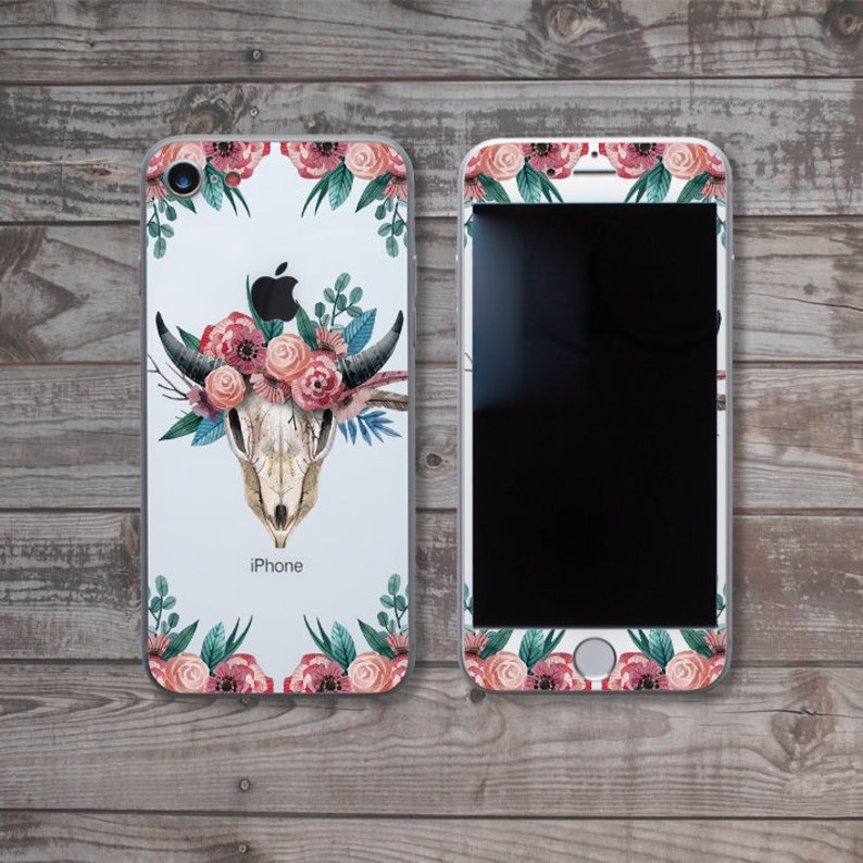 Bull Skull iPhone X Vinyl Skin Floral iPhone 8 Plus Decal Art Design iPhone 7 Plus Sticker Boho iPhone 6S Skin Cute iPhone SE Sticker SK3245