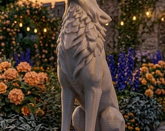 Halloween Howling Wolf Statue - 3D Printed or Faux Stone Finish | Outdoor Garden Decor, Gate Pillar Topper, Lawn Ornament & Yard Art