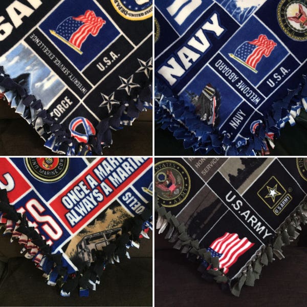 Large US Army, Navy, USMC Marines, & USAF Air Force Handmade Fleece Tie Blanket | 55x65 | Airforce | United States Army | Military