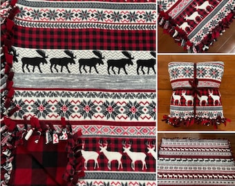 LARGE Buffalo Check Red Black Rustic Lodge Fleece Tie BLANKET |55x65| Deer, Moose, Cabin, Snowflake, Aspen, Holiday Christmas Blanket Gift