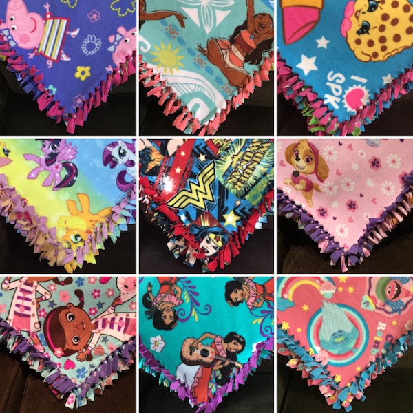 LARGE GIRLS Fleece Tie Blanket | 55x65 | Moana, Trolls, Shopkins, Elena, Paw Patrol, Peppa Pig, Wonder Woman, My Little Pony, Minnie Mouse