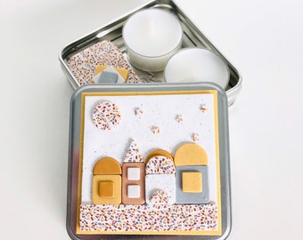 Travel Shabbat Kit in a Box, Tealight candles, Matchbox box, Handmade, Judaica, Travel Shabbat set. Jerusalem. Gold.