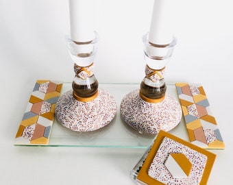 Shabbat Candlestick Holder & Matchbox, Handmade, Judaica, Personalized, Shabbat Candle holders, Gold