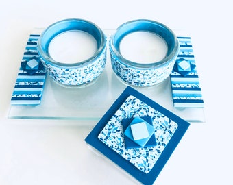Portavelas de luz de té Shabat, caja de cerillas y bandeja, hecho a mano, judaica, personalizado, azul