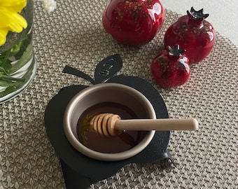 Mini Black color Stainless steel Honey dish with apple shape stand, Rosh Hashanah Gift, Jewish New year, Honey Bowl, Judaica, Dvash