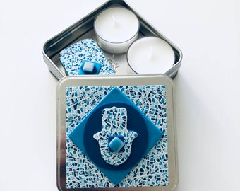 Kit de Shabat de viaje en una caja, velas a la luz del té, caja de cerillas, hecho a mano, judaica, conjunto de Shabat de viaje. Hamsa. Azul.