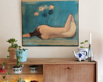 Charles Blackman The Sunbather A Bay Print #2238 1983. Mcm nude woman abstract blue painting