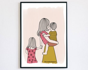 Mother and Children Print, Mothers Day Gift, Gift for Mom, Mom and Daughter, Mom and Son, Sentimental Gift, Parent Gift, Mother of two Art