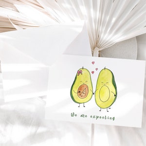 Cartão de anúncio de gravidez com envelope, cartão de família de abacate em aquarela, cartão de dia das mães, cartão de revelação de gênero, nova mãe, cartão de chá de bebê