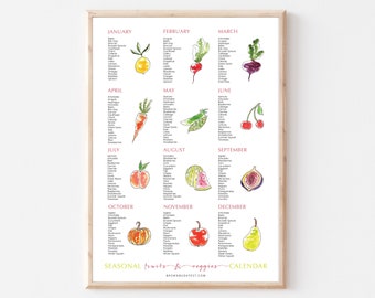 May include: A printable chart with a seasonal fruit and vegetable calendar. The chart is divided into 12 months, with each month featuring a different fruit or vegetable. The chart is illustrated with hand-drawn images of the fruits and vegetables.
