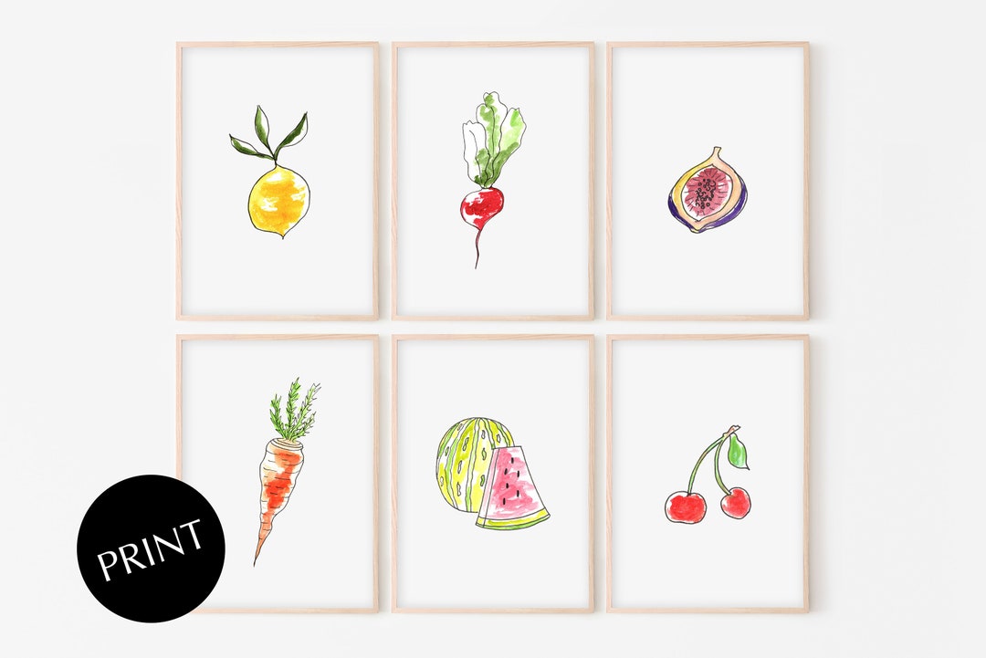 Set of 6 Fruits and Veggies Prints, Kitchen Wall Art, Watercolor Home ...
