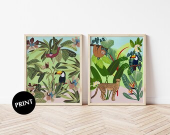 Tropical Jungle Wall Art, Set of Two, Botanical Illustration, Boho Nursery / Bedroom Decor, Tropical Toucan Print