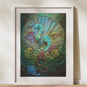Mythical Creature Art: Hippocampus Illustration, Unicorn Seahorse Print, Mythological Wall Art, Perfect Gift for Pisces, Magical Mercorn