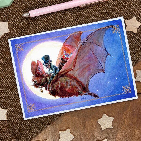 Fantasy Art Card-Candy Goblin-Stationary-Fairy Garden-Fae-Faerie-Goblincore-FantasyArt-FantasyCreature-Whimsical-Witchcore-Cute Bat