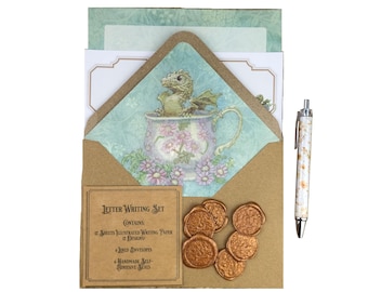 Baby Tea Dragon Stationery Set | Cottagecore Fantasy Notepaper with Address Labels & Pen | Dragon Lover Gift