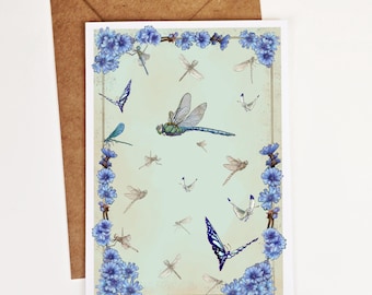 Dragonfly and Chicory Flower Greeting Card | Whimsical Cottagecore Stationery | Blank Botanical Note Card, Wildflower Art, Kraft Envelope
