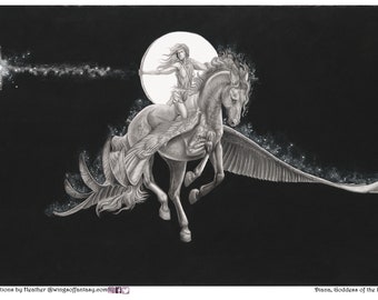 Artemis Riding Pegasus Greeting Card: Diana, Goddess of the Moon Art (5x7)