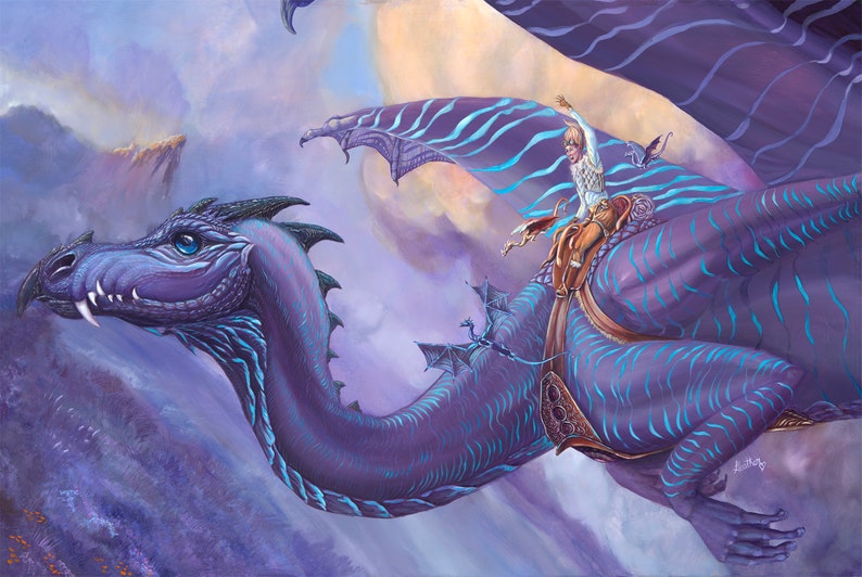 Fantasy Art Print. Maiden Flight. Dragon Rider. MtG style. Dungeons & Dragons. Dragon Riders of Pern Style. Fantasy Creature. Wall Decor image 1