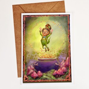 May include: A whimsical illustration of a leprechaun jumping out of a pot of gold. The leprechaun is wearing a green suit, a hat with a shamrock, and brown shoes. The pot is purple and surrounded by green grass and pink mushrooms.