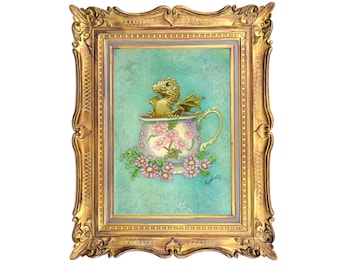 Golden Tea Dragon Art Print: Whimsical Teacup Fantasy - 5x7 Archival