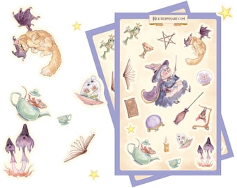 Topsy-Turvy Witch Sticker Set | Halloween Spooky Cute Stickers | Scrapbook Stickers | Cottagecore Sticker Sheet