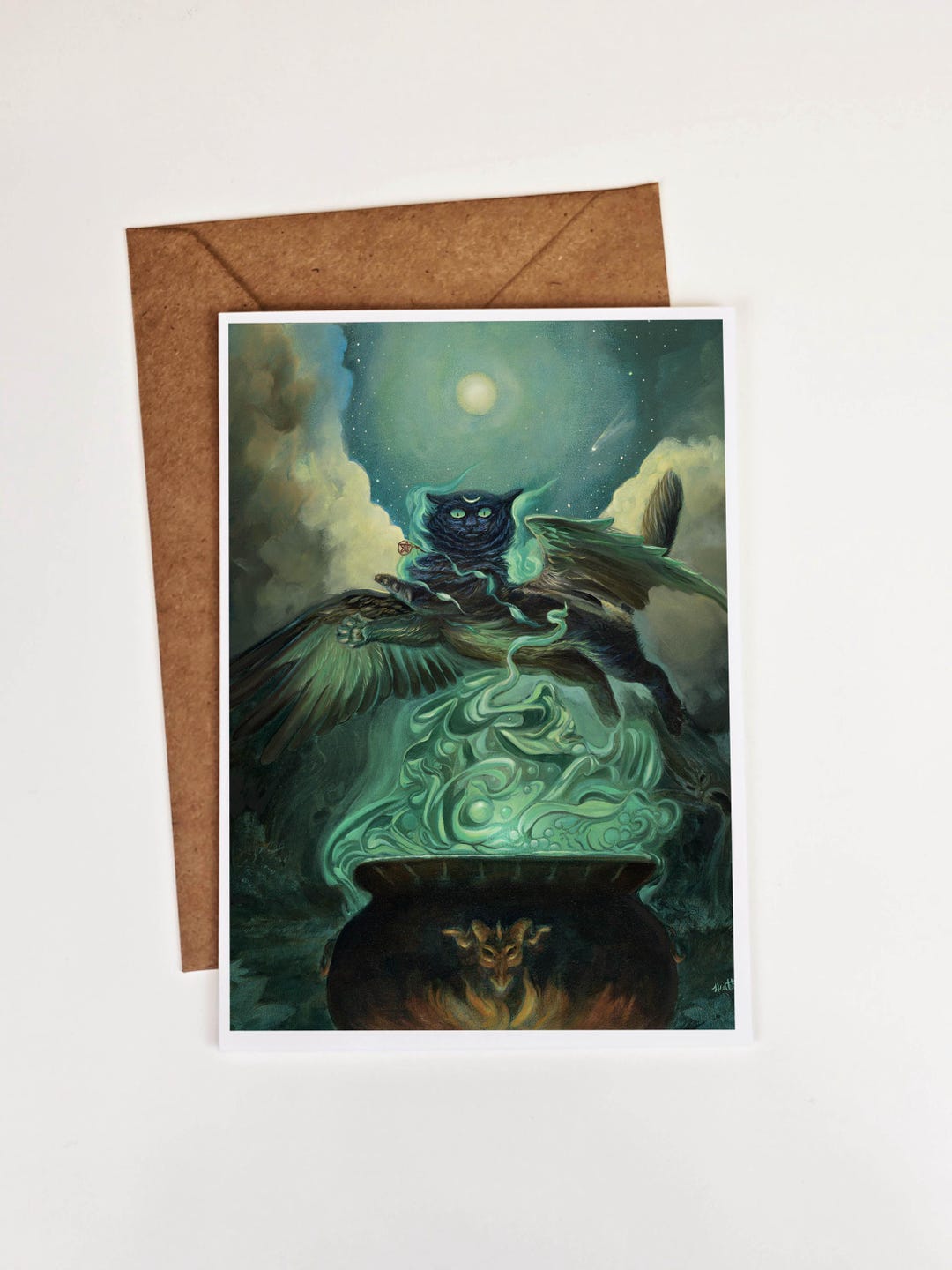 Black Cat Witch Halloween Greeting Card, Flying With Bat Wings, Magic ...