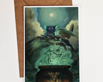 Black Cat Witch Halloween Greeting Card, Flying with Bat Wings, Magic Cauldron, Celestial Stationery, Gifts for Witches, Pagan Celebration