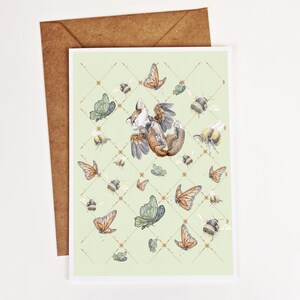 Wenskaart gevleugelde vos vlinders en bijen - aquarel vriendschap, natuurkunst, grillige Fantasy Art, 5 x 7 Fantasy Art Card, Pen Pal Gift