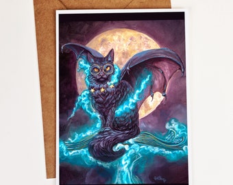 Witchy Black Cat Bat Wings Greeting Card: Pagan Halloween Art