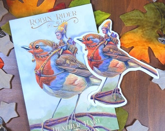 Fairy Riding Robin Bird DieCut Sticker: Fantasy Art Decal
