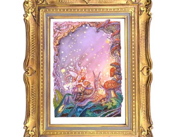 Fairy Riding Snail Art Print 5x7 Whimsical Firefly Fantasy Illustration Archival Cotton Decor